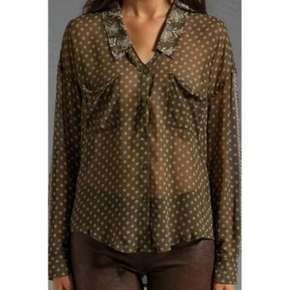 Free People Tops - Free People Women's Easy Rider Sheer Collared Pockets Blouse Army Green Size XS